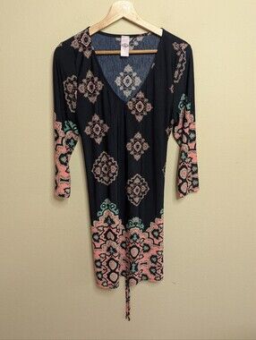Pink Coconut Boutique Navy Medallion Print Mini Dress 3/4 Sleeve Tie Hem Small